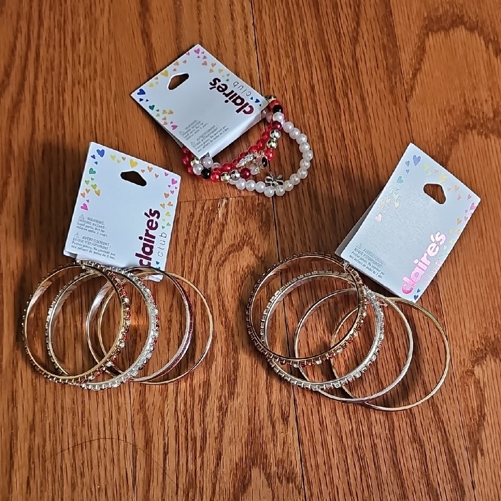 Claire's Gold Tone Bangle & Beaded Bracelet Set with Pearls and Red Accents